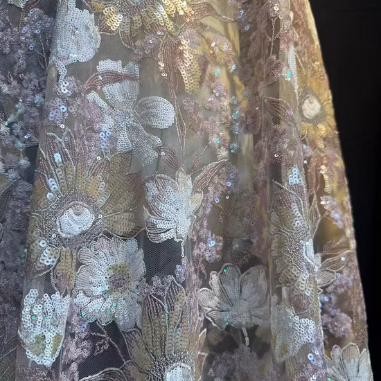 Tissu en dentelle à paillettes scintillantes, dernière conception, feuille de fleur, maille brodée plate, pour robes de soirée populaires